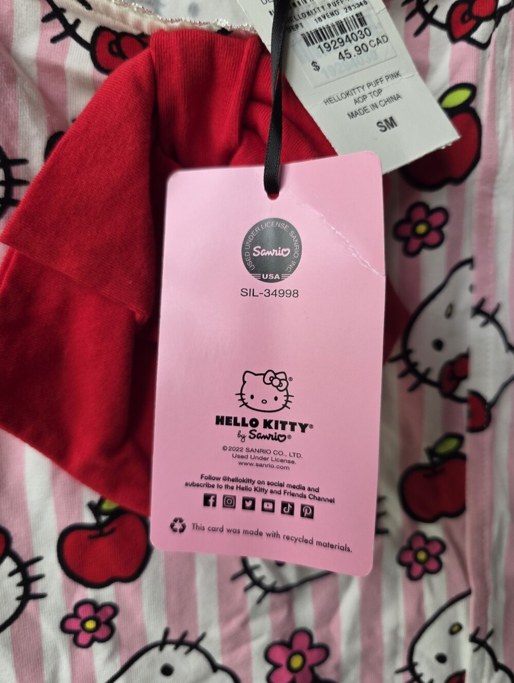 Hot Topic Hello Kitty Sanrio Y2K Pink Striped Blouse Top Apples Small Medium - Picture 5 of 11